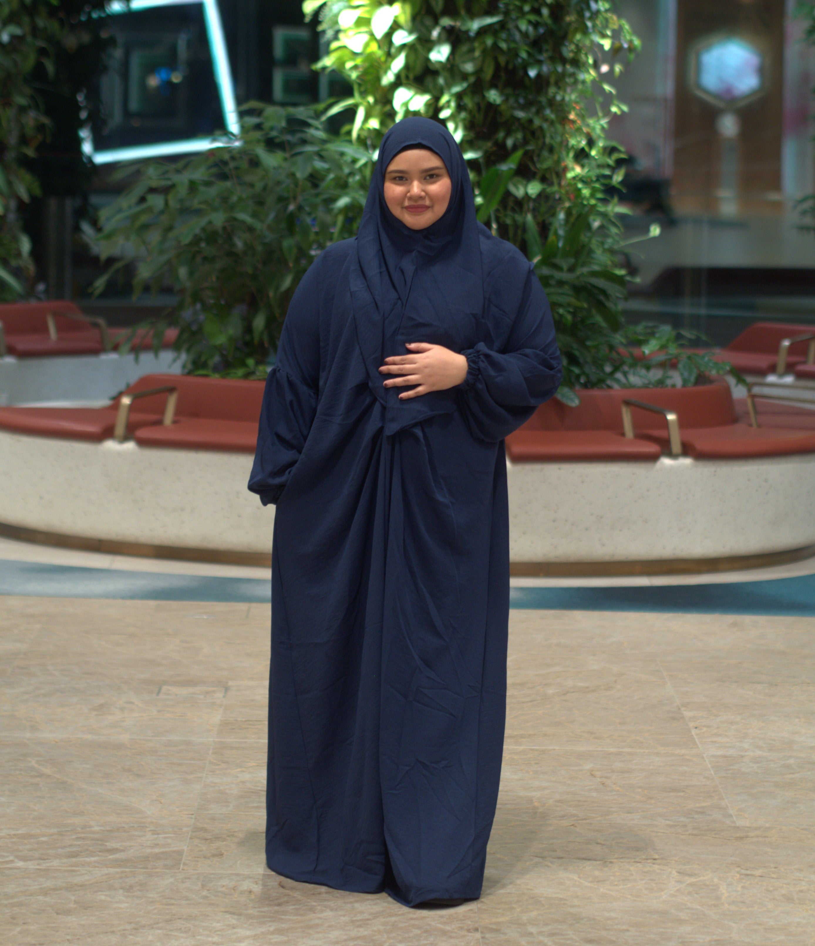 Ameena Kaftan Set with matching Instant tudung - Dark Blue