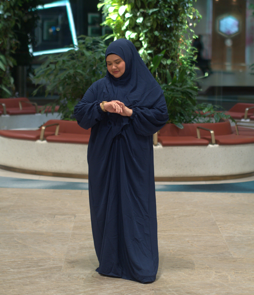 Ameena Kaftan Set with matching Instant tudung - Dark Blue