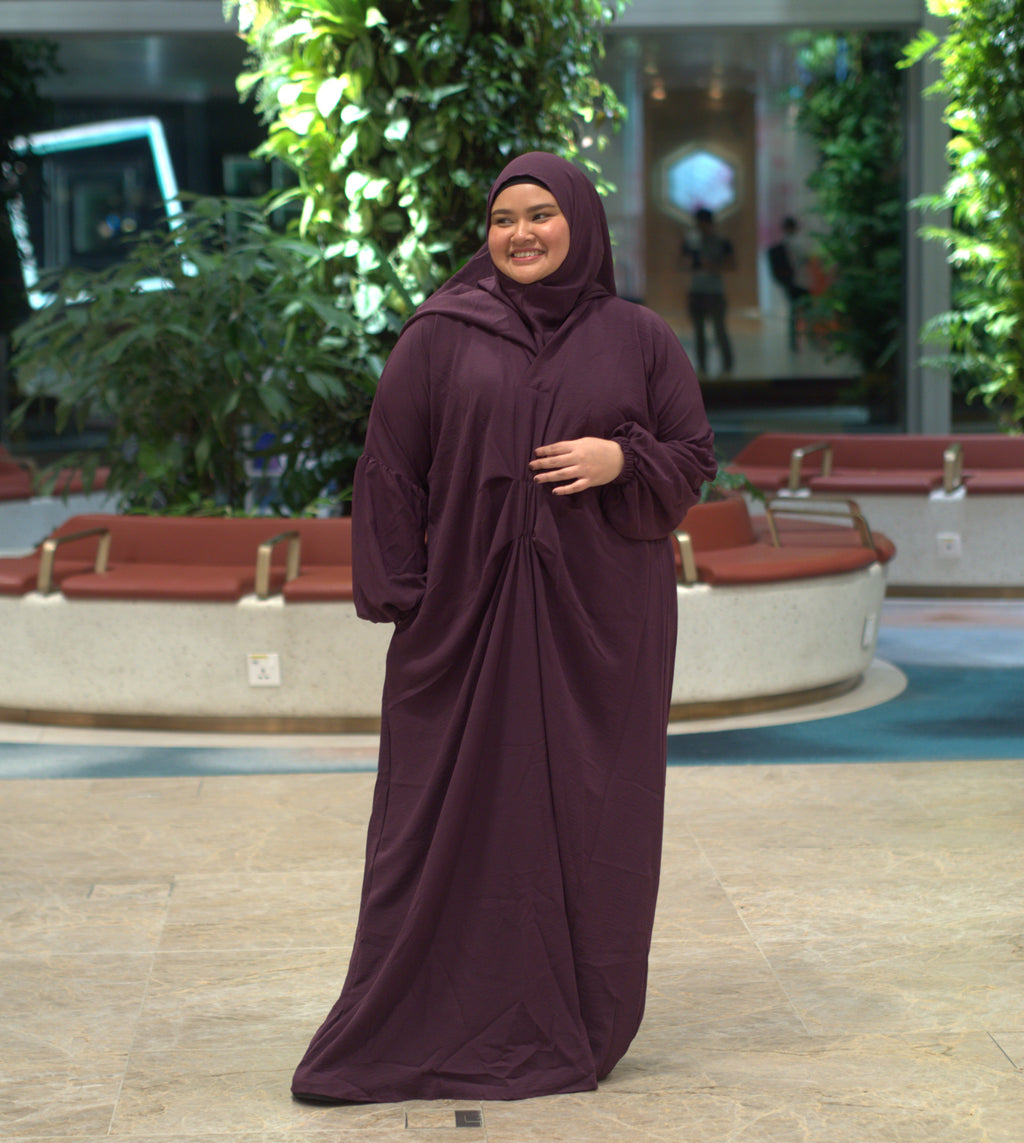 Ameena Kaftan Set with matching Instant tudung - Maroon