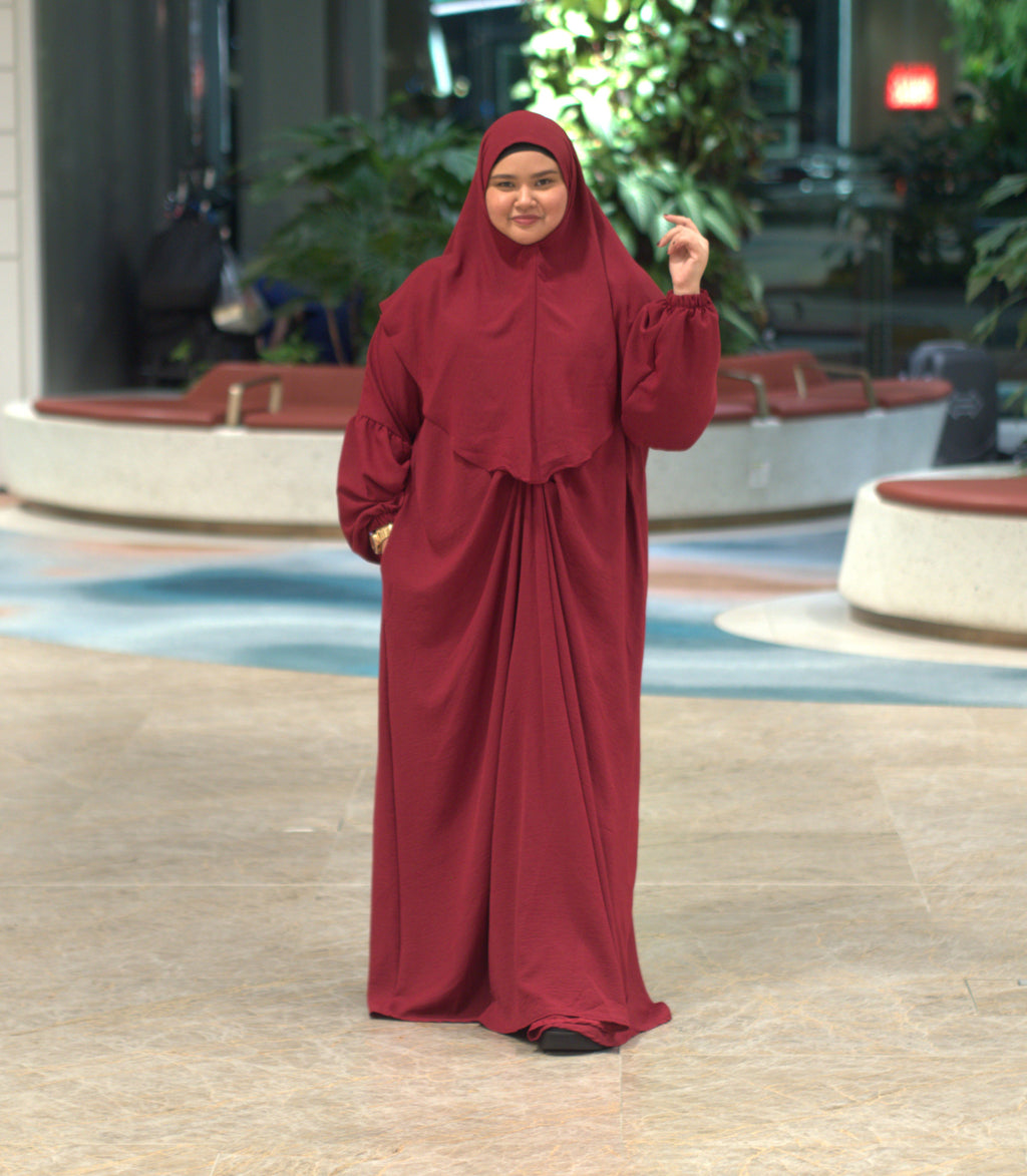 Ameena Kaftan Set with matching Instant tudung - Red